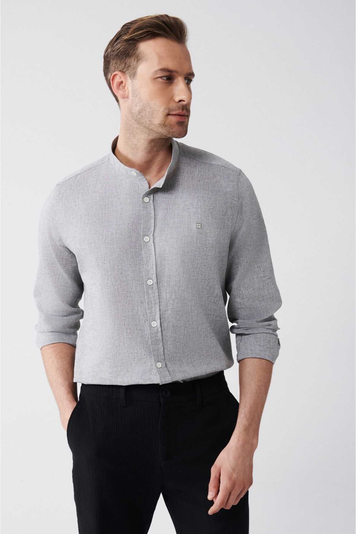 پیراهن کتانی یقه کلاسیک آنتراسیت مردانه ترکیبی استاندارد با برش معمولی