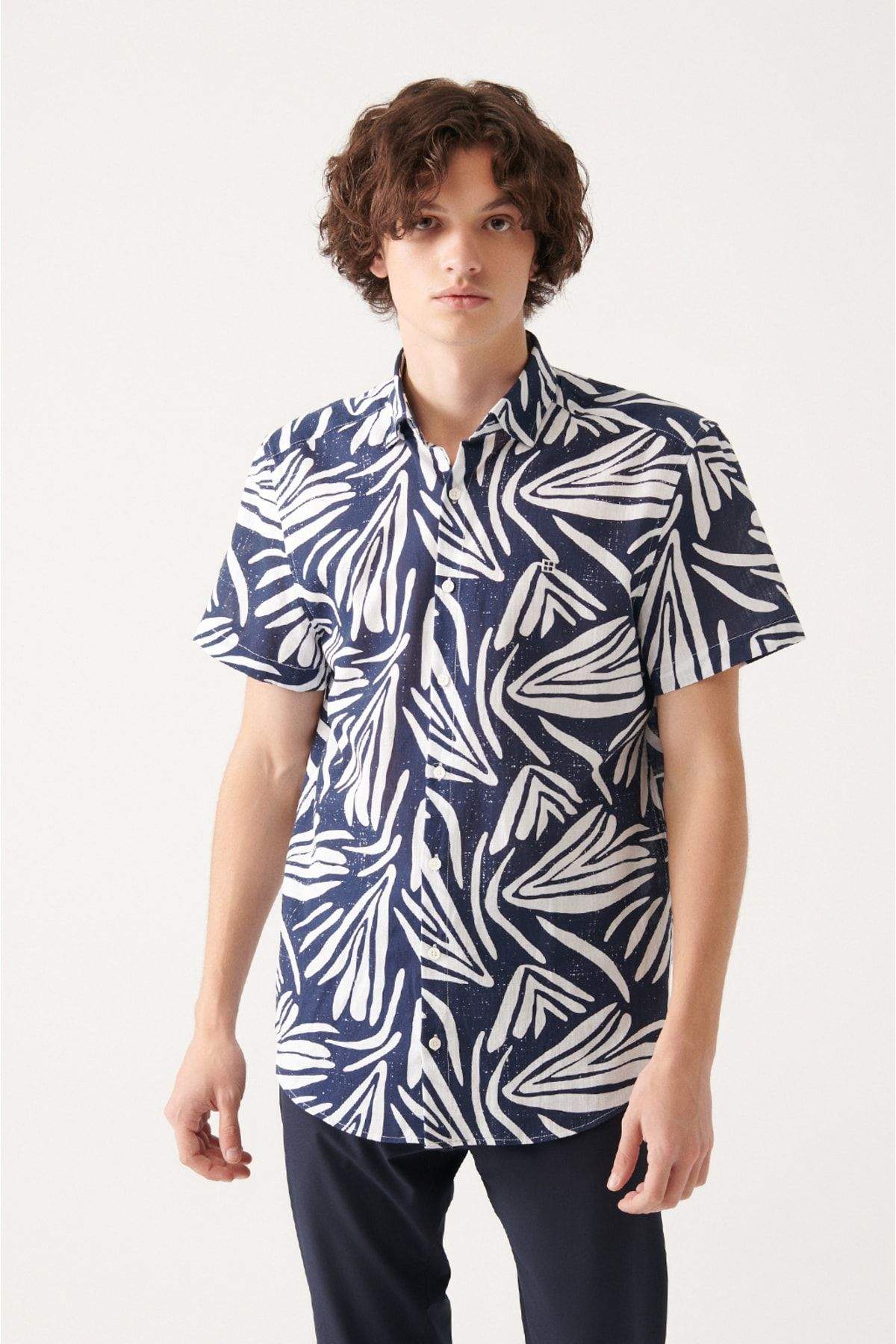 navy-blue-100-cotton-classic-collar-printed-short-sleeve-regular-fit-shirt