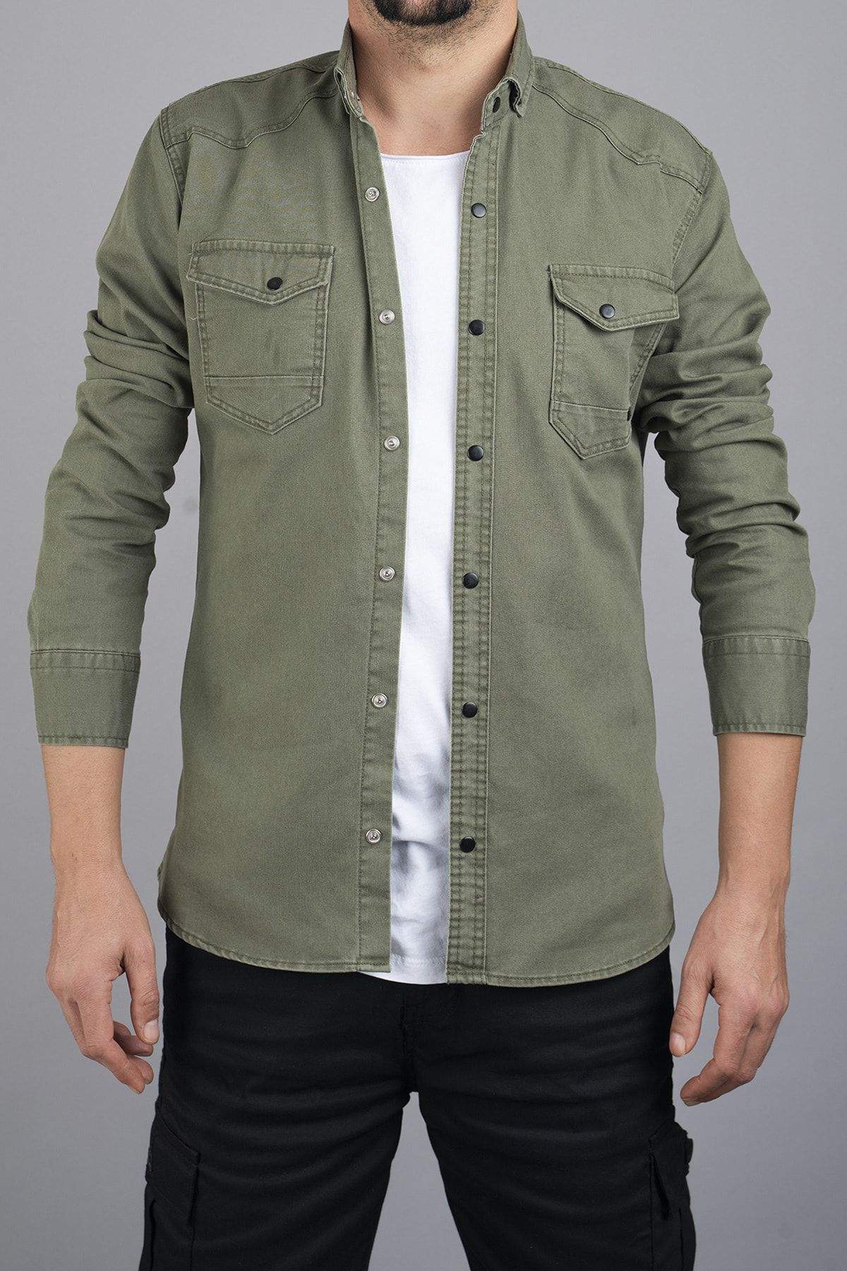 slim-fit-mens-denim-shirt-green