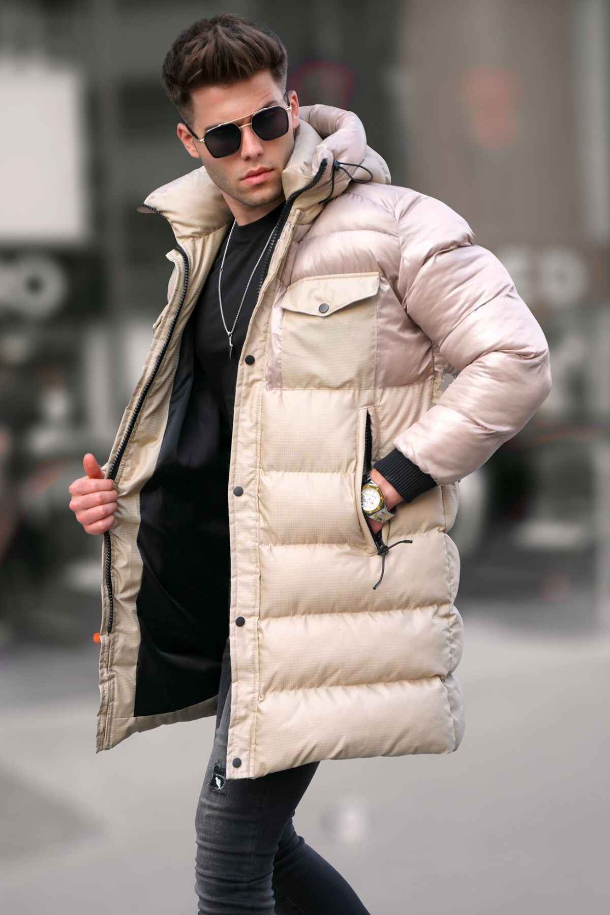 ژاکت پفی با کلاهک با جیب رنگی