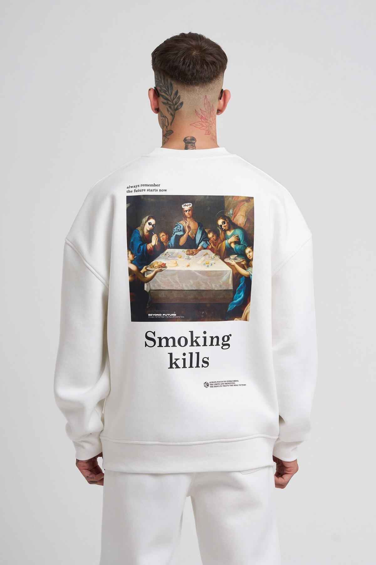 سویشرت مردانه Smoking Kill چاپ شده به رنگ بژ