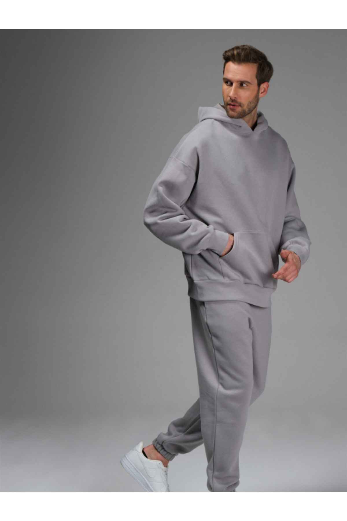 ست لباس ورزشی مردانه سرپوش خاکستری با پاهای الاستیک 3 نخی