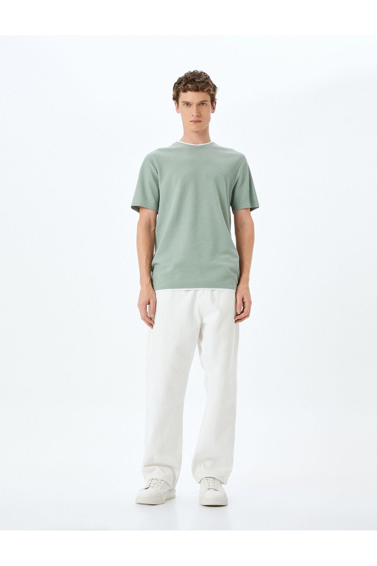 گردن آستین کوتاه بافتی با جزئیات پنبه مخلوط دوچرخه مخلوط باریک تناسب T -shirt