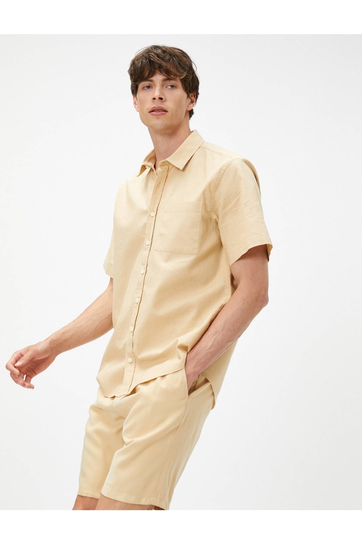 جیب یقه کلاسیک پیراهن آستین کوتاه تابستانی با جزئیات