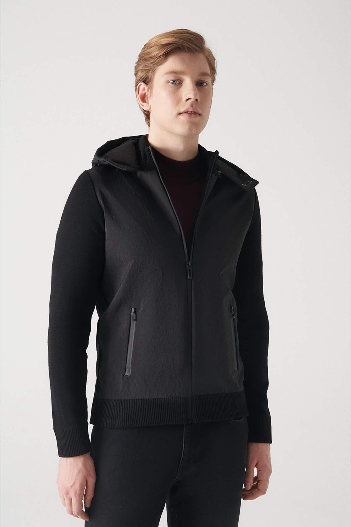 mens-black-hooded-collar-front-parachute-fabric-detailed-zippered-wool-coat-a22y6014