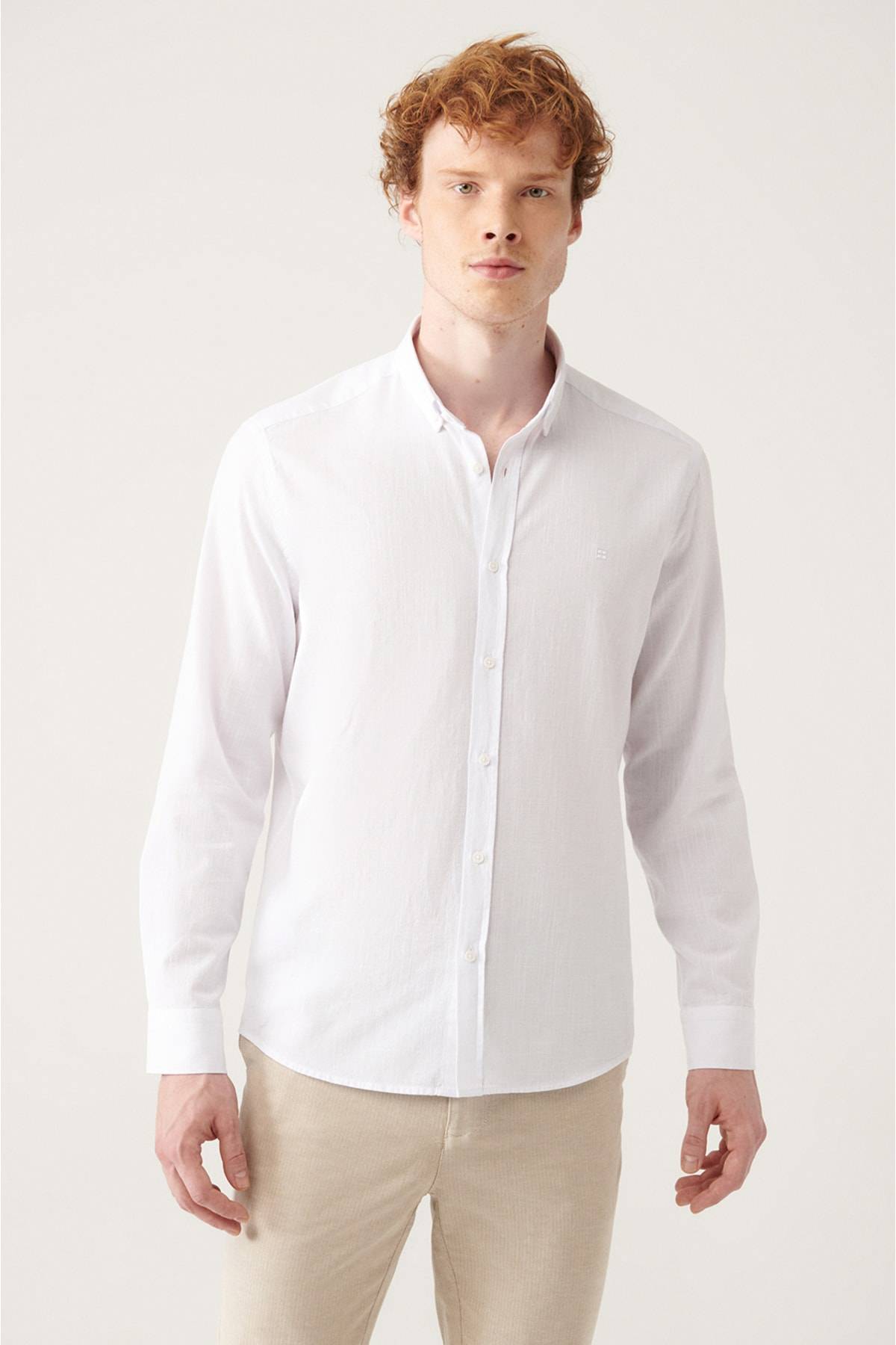 پیراهن راحتی با یقه دکمه دار خاکی 100% پنبه بافت دار